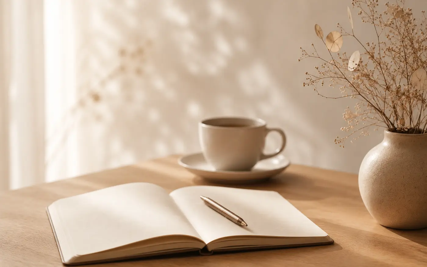 Caderno aberto com caneta, xícara de café e vaso com folhagem seca sob luz natural