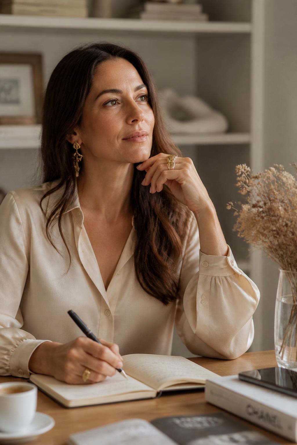 Mulher organizando suas finanças com tranquilidade