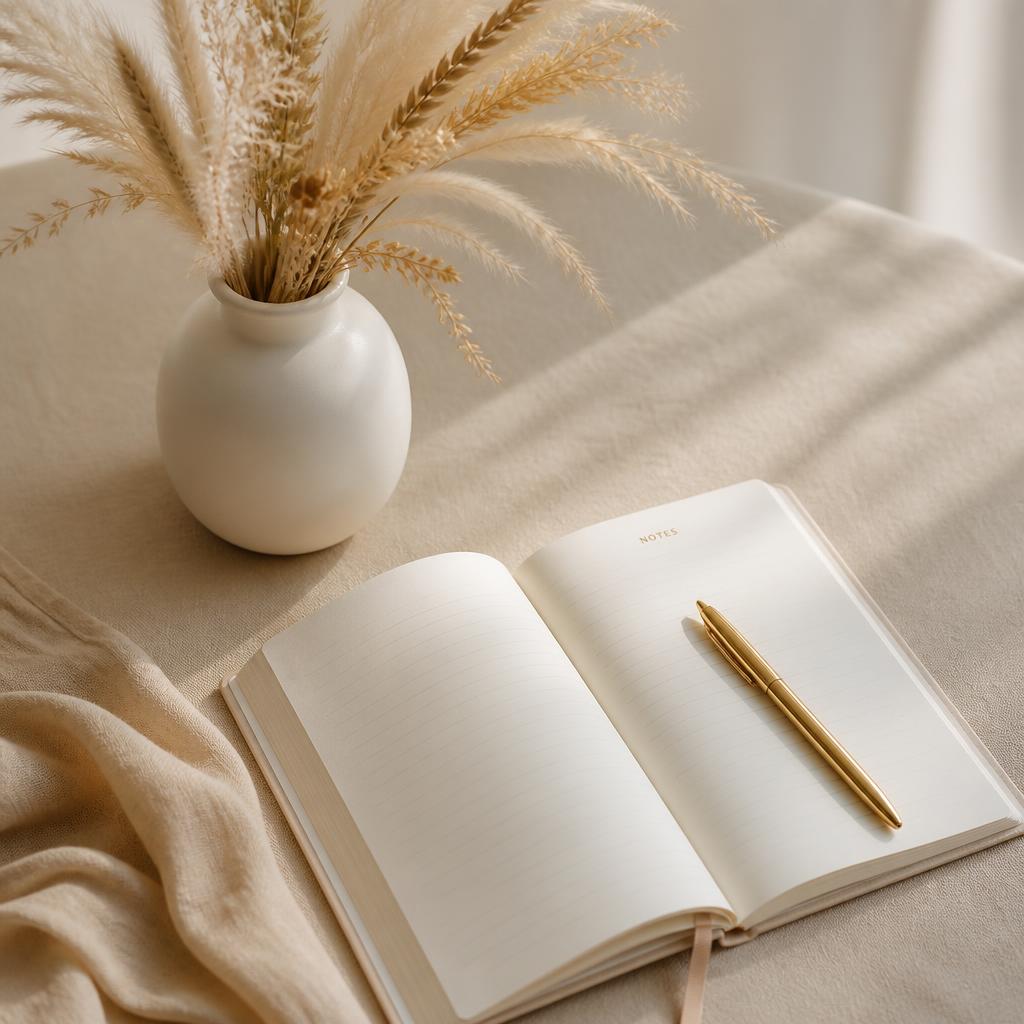 Caderno aberto sobre mesa com vaso de flores secas